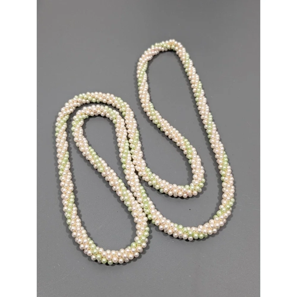 Vintage Green Cream Cluster Woven Faux Pearl Layering Long Necklace‎ 42 in